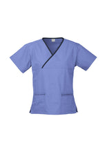 Load image into Gallery viewer, Ladies Contrast Crossover Scrubs Top